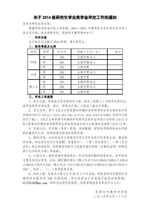 关于2014级研究生学业奖学金评定工作的通知