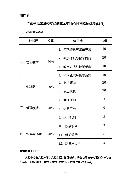 广东省高等学校实验教学示范中心评审指标体系(试行)