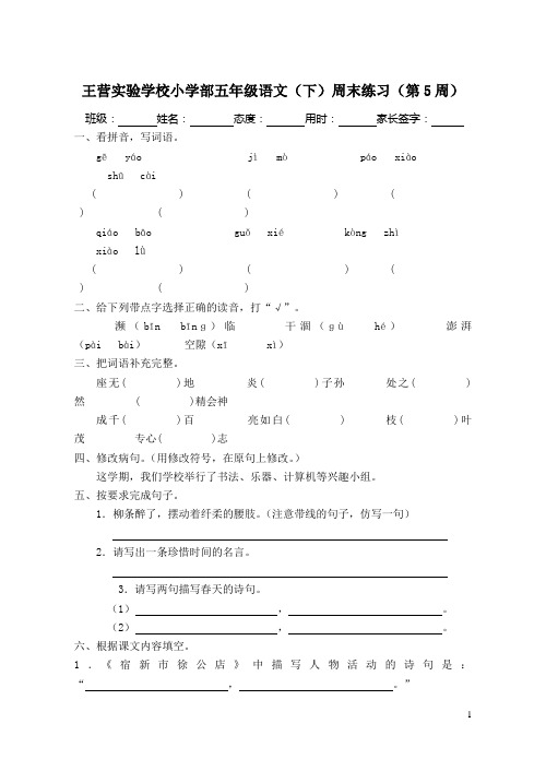 王营实验学校小学部五年级语文(下)周末练习