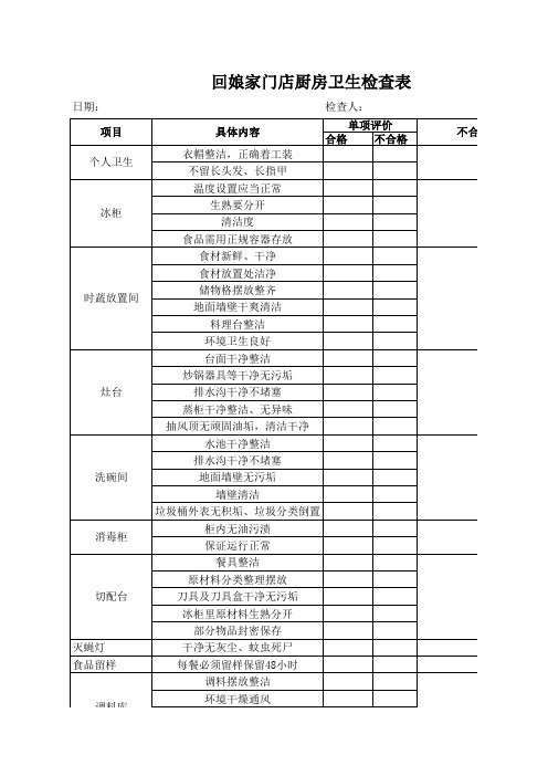 厨房5S环境卫生检查表