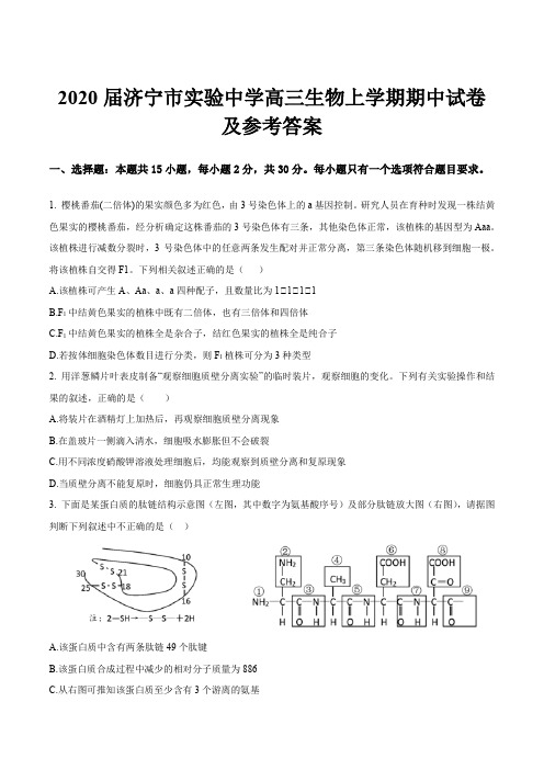 2020届济宁市实验中学高三生物上学期期中试卷及参考答案