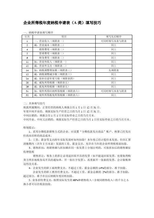 企业所得税年度纳税申请表(A类)填写技巧