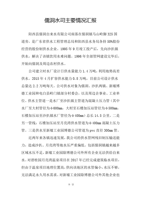 阳西县儒洞水司供水调研报告资料