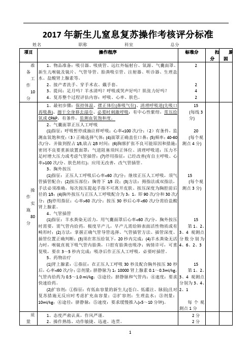 2017年新生儿窒息复苏操作考核评分标准