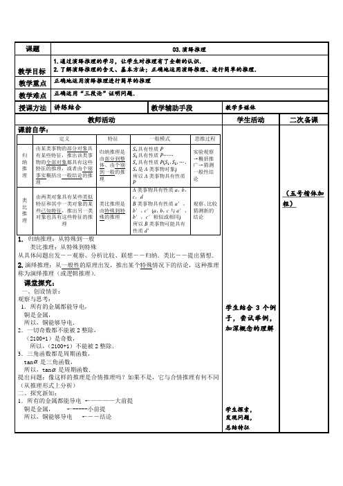 高中数学苏教版选修2-2第二章1节《合情推理与演绎推理》第三课时教案设计