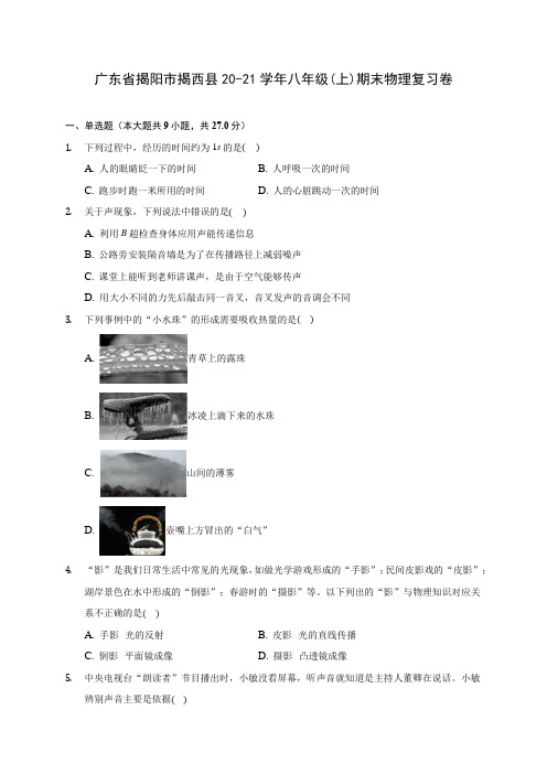 广东省揭阳市揭西县20-21学年八年级(上)期末物理复习卷及答案解析