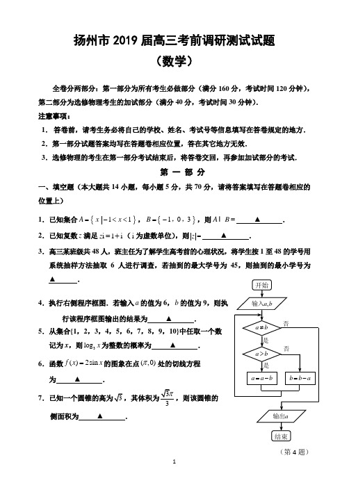 江苏省扬州市2019届高三考前调研测试数学试题含附加题 (1)