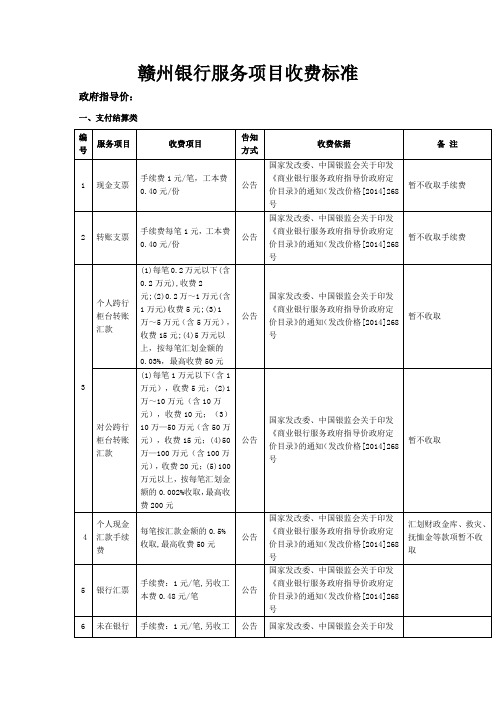 赣州银行服务项目收费标准