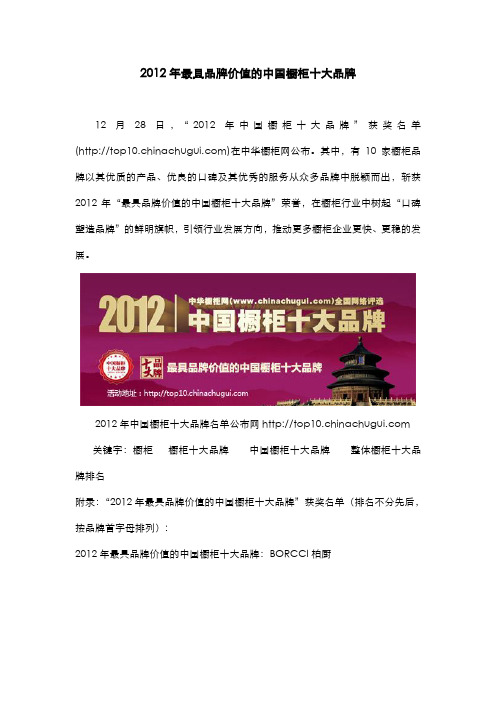 2012年最具品牌价值的中国橱柜十大品牌