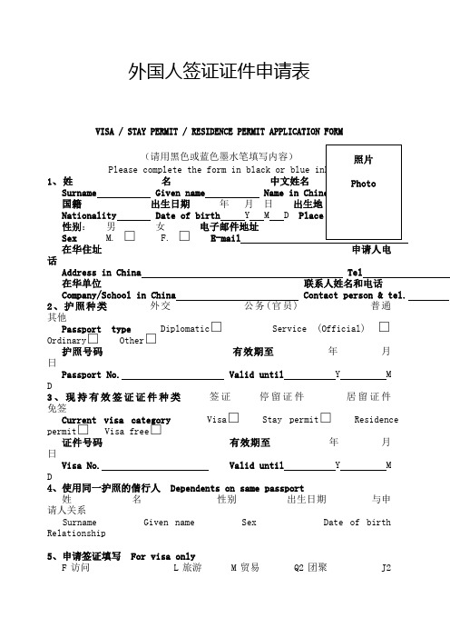 外国人签证申请表