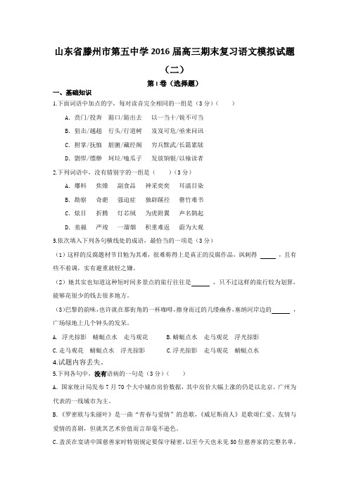 山东省滕州市第五中学高三上学期期末复习语文模拟试题二 含答案