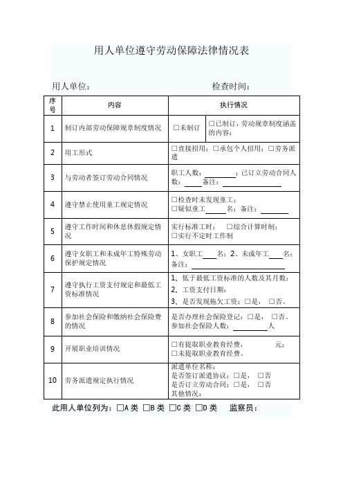 用人单位遵守劳动保障法律情况表