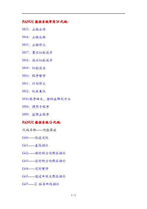 FANUC数控标准系统常用M代码