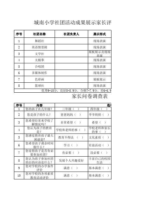 城南小学社团活动成果展示评分表