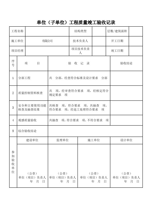 单位(子单位)工程质量竣工验收记录