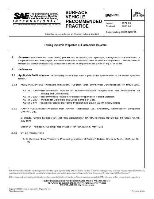 SAE J1085-1999 Testing Dynamic Properties of Elastomeric Isolators