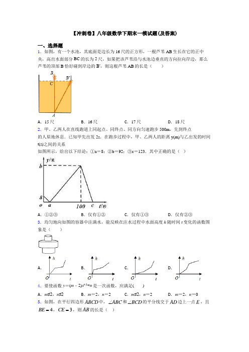 【冲刺卷】八年级数学下期末一模试题(及答案)