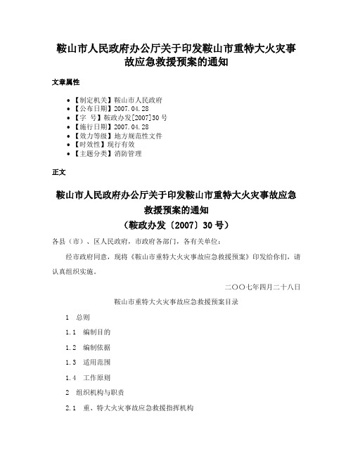 鞍山市人民政府办公厅关于印发鞍山市重特大火灾事故应急救援预案的通知