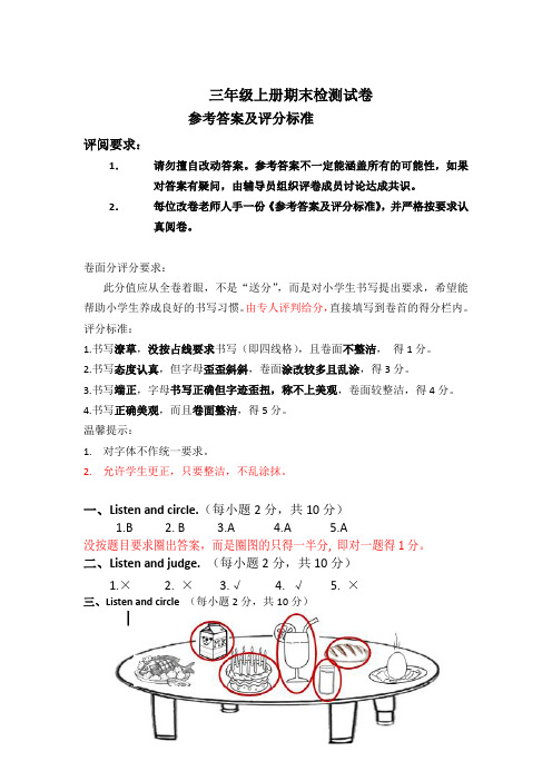 三年级期末抽查评分建议及参考答