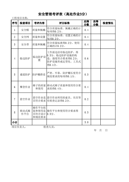 安全管理考评表(高处作业3分)