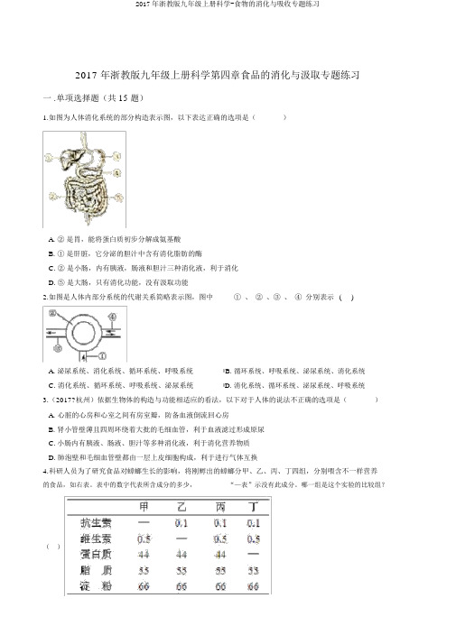 2017年浙教版九年级上册科学-食物的消化与吸收专题练习