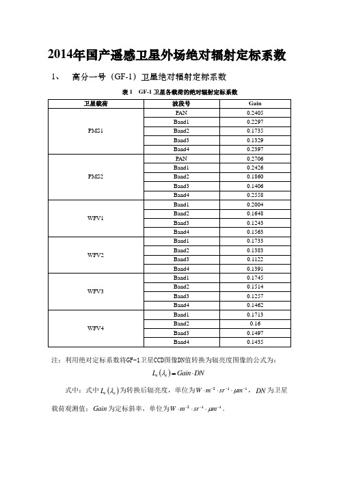 2014年国产遥感卫星外场绝对辐射定标系数1、高分一号(GF-1)卫星