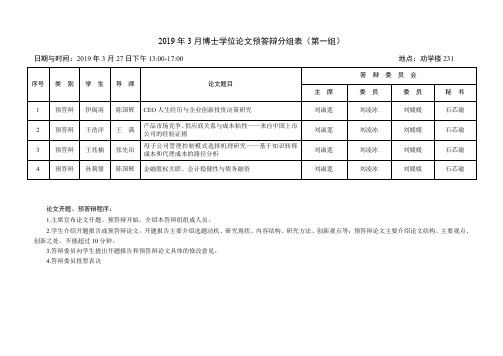 2019 年3 月博士学位论文预答辩分组表(第一组)