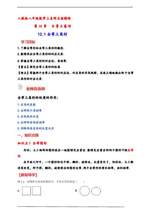 人教版八年级数学上名师点拨精练第12章全等三角形12.1全等三角形