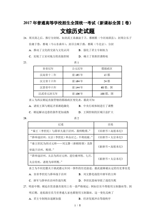 2017年新课标全国I卷文综历史试题及答案