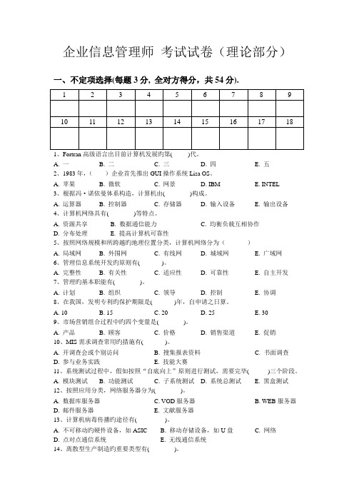 2023年企业信息管理师考试试卷理论部分