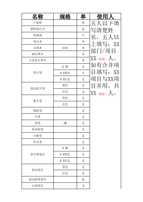 办公用品申请填写规格