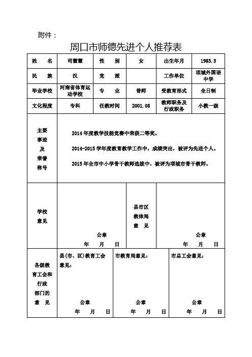 周口市师德先进个人推荐表(司慧慧)