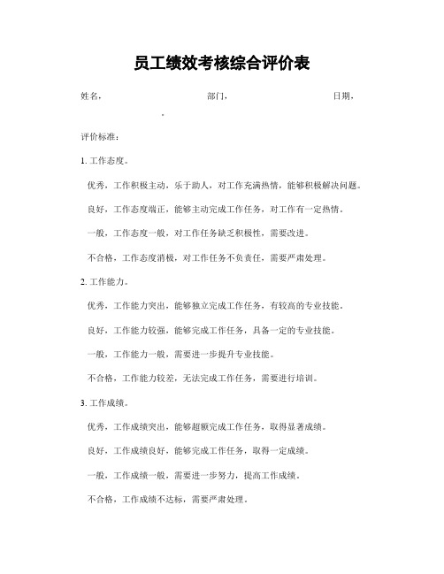 员工绩效考核综合评价表