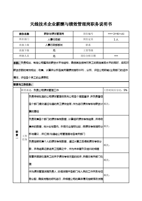 天线技术企业薪酬与绩效管理岗职务说明书