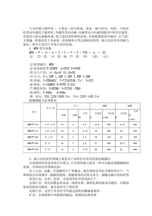 台风磁力循环泵的型号参数及使用场所。