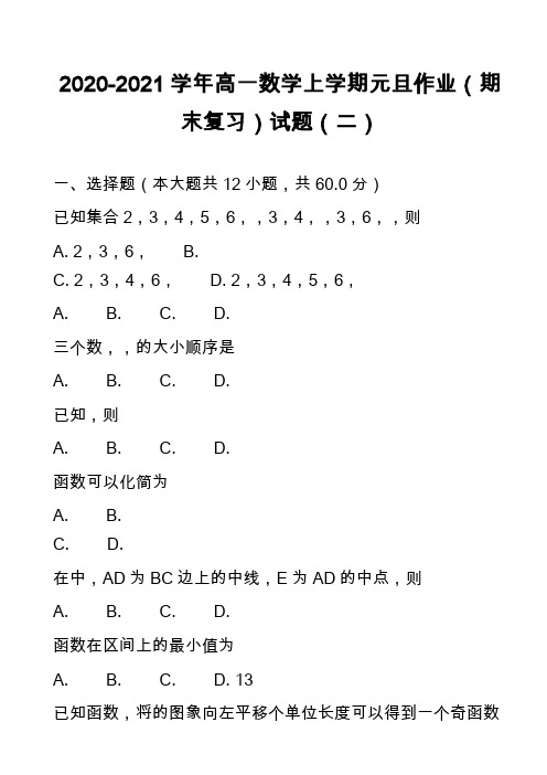 2020-2021学年高一数学上学期元旦作业(期末复习)试题(二)