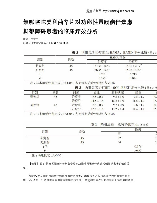 氟哌噻吨美利曲辛片对功能性胃肠病伴焦虑抑郁障碍患者的临床疗效分析