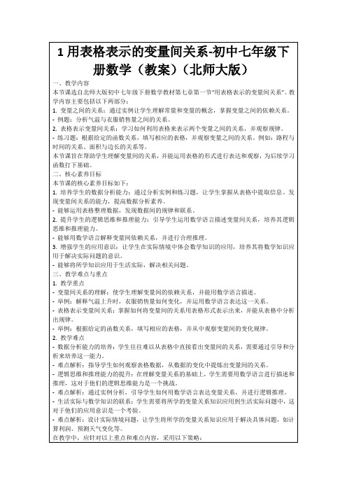 1用表格表示的变量间关系-初中七年级下册数学(教案)(北师大版)