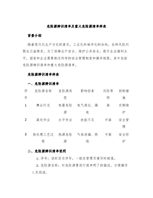 危险源辨识清单及重大危险源清单样表