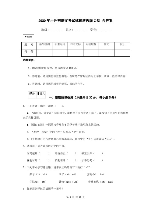 2020年小升初语文考试试题浙教版C卷 含答案