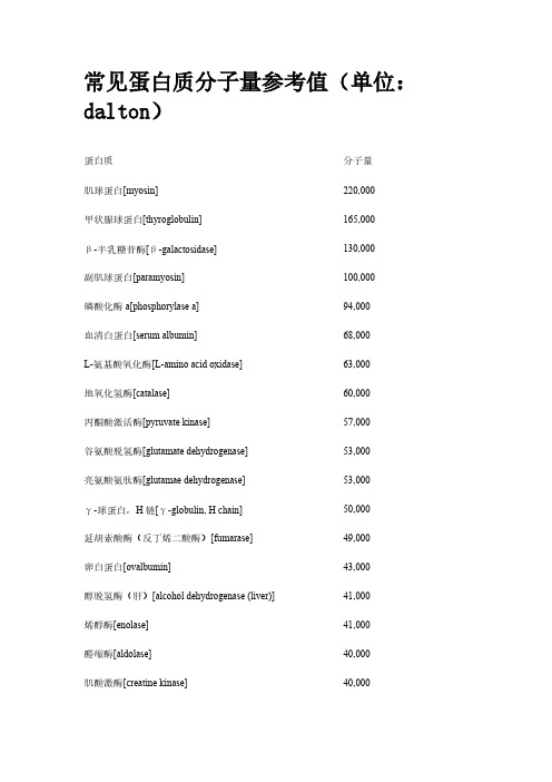 【免费下载】常见蛋白质分子量参考值