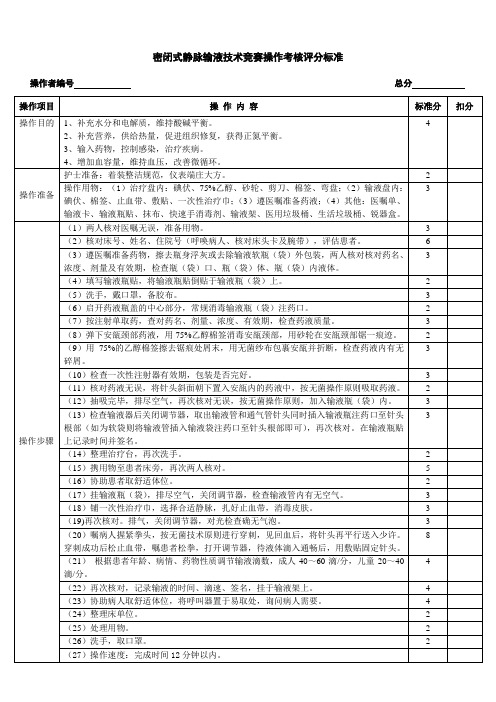 密闭式静脉输液技术竞赛操作考核评分标准