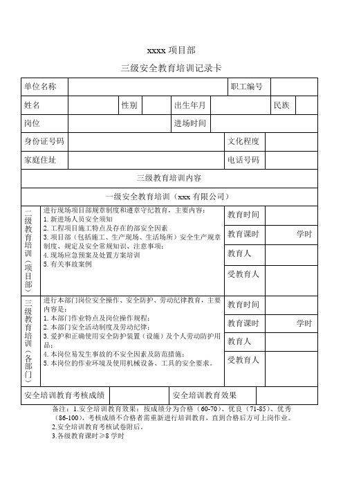 三级安全教育培训记录卡