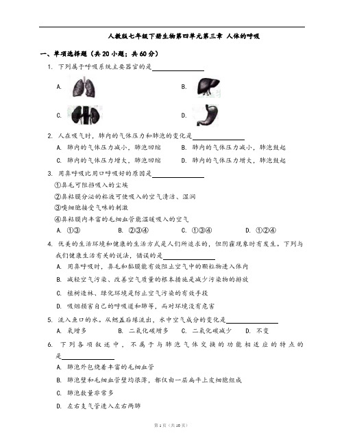 人教版七年级下册生物单元检测卷第四单元第三章 人体的呼吸(word版,含答案解析)