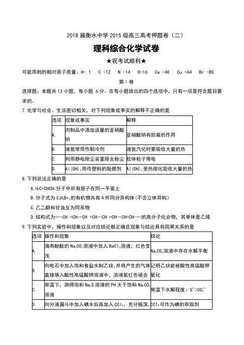 2018届河北省衡水中学2015级高三高考押题卷(二)理科综合化学试卷及答案