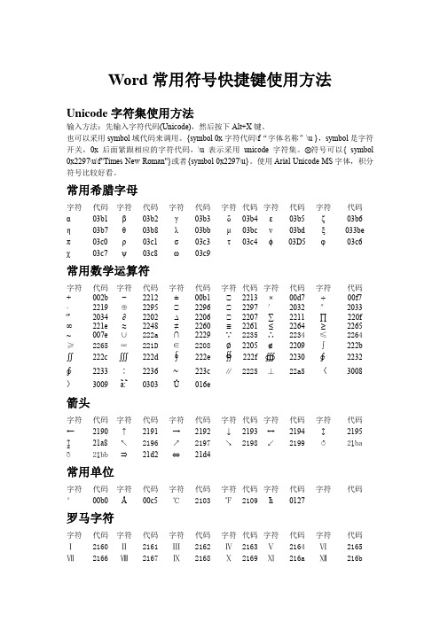 Word常用符号快捷键使用方法