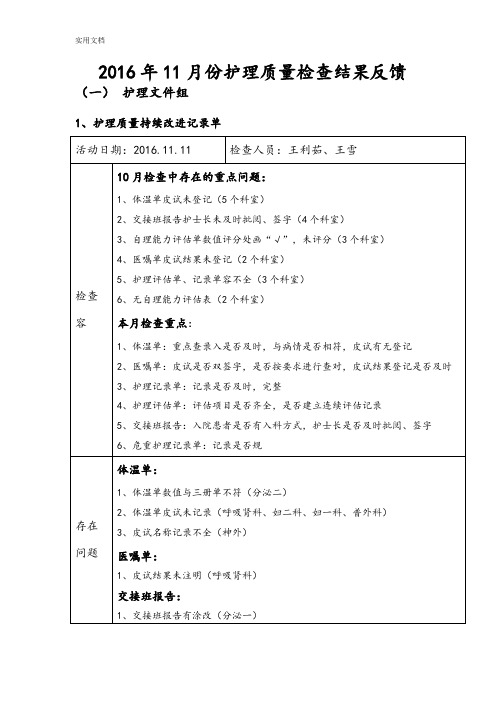 2016年11月份护理高质量检查结果反馈