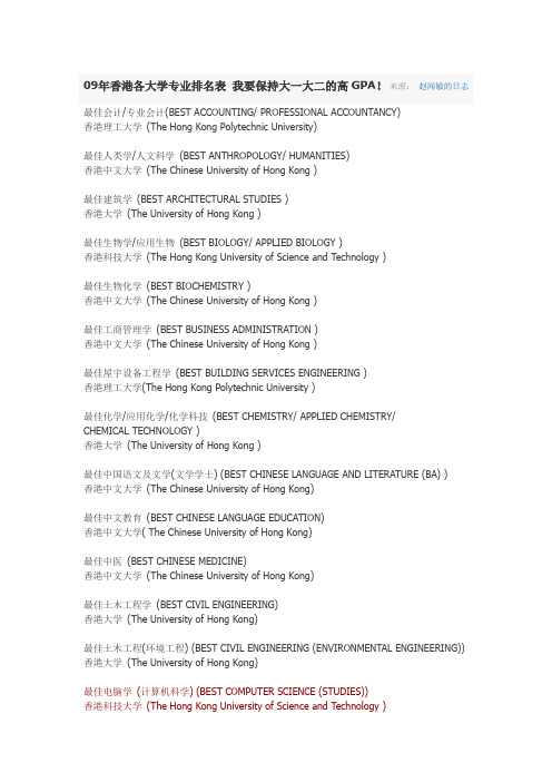 09年香港各大学专业排名表 我要保持大一大二的高GPA