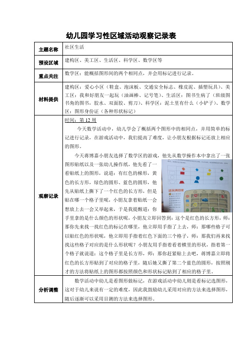 中班区域游戏观察记录表