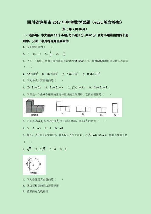 四川省泸州市2017年中考数学试题(word版,含答案)